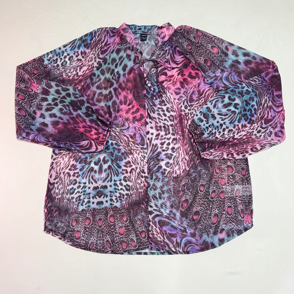Aveloria Abstract Leopard Print Sheer Tie-Neck Blouse Y2K Mesh Animal Print Top - Picture 2 of 7